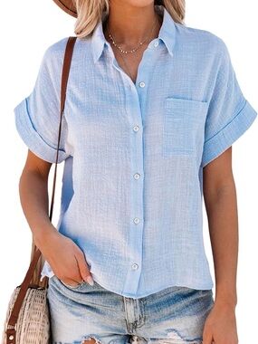 Light Blue Button Down Short Sleeve Shirt Linen/Cotton Blend, NWOT, L